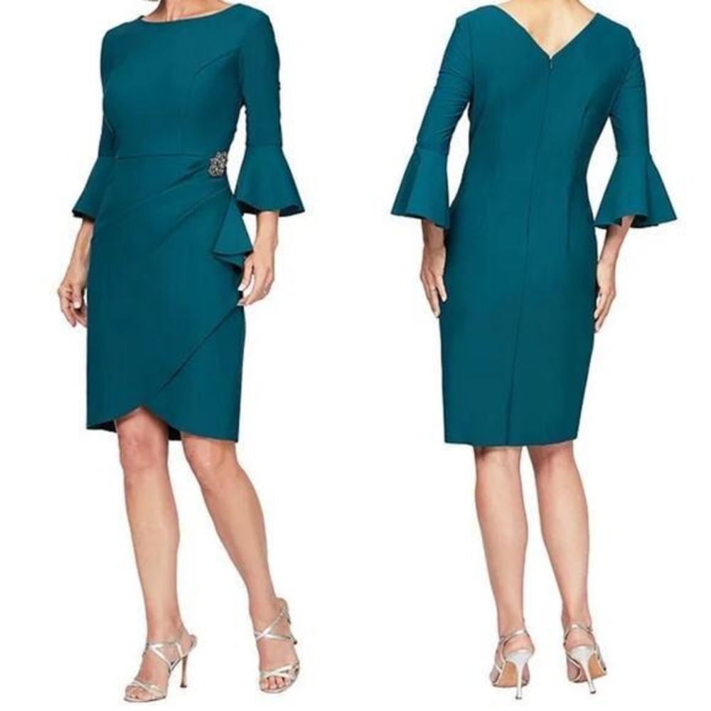 $239 NWT Alex Evenings Deep Teal Ruffle Embellished Bell Sleeve Sheath Dress